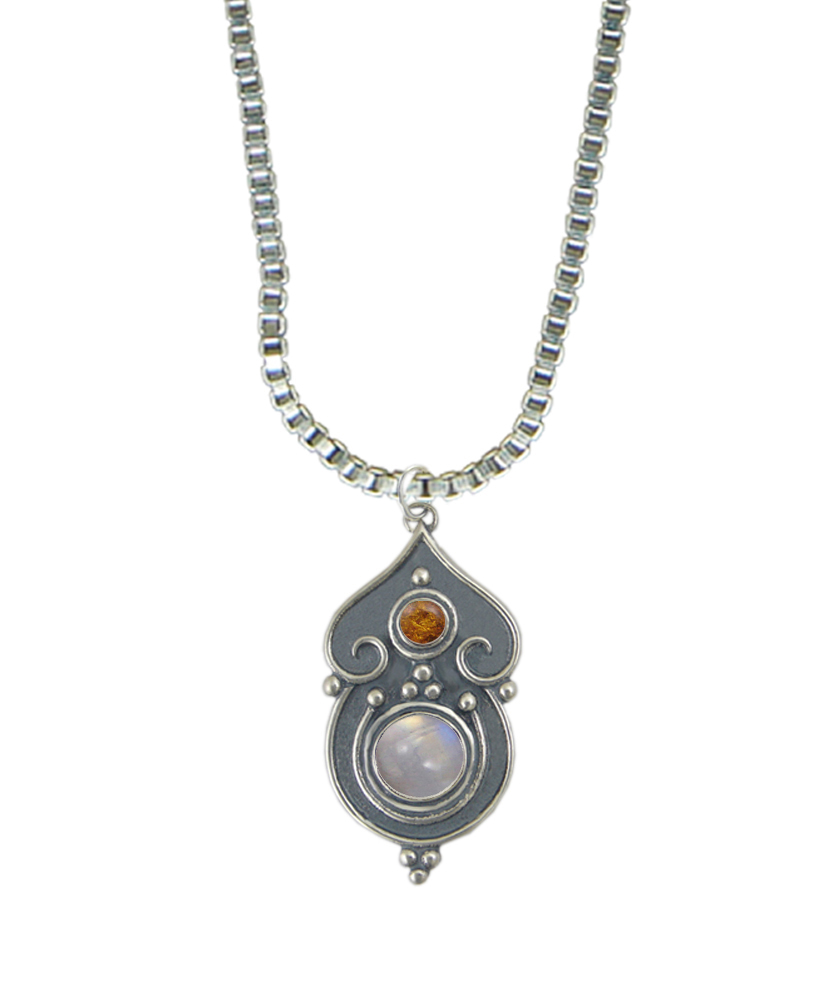 Sterling Silver Necklace Rainbow Moonstone And Amber